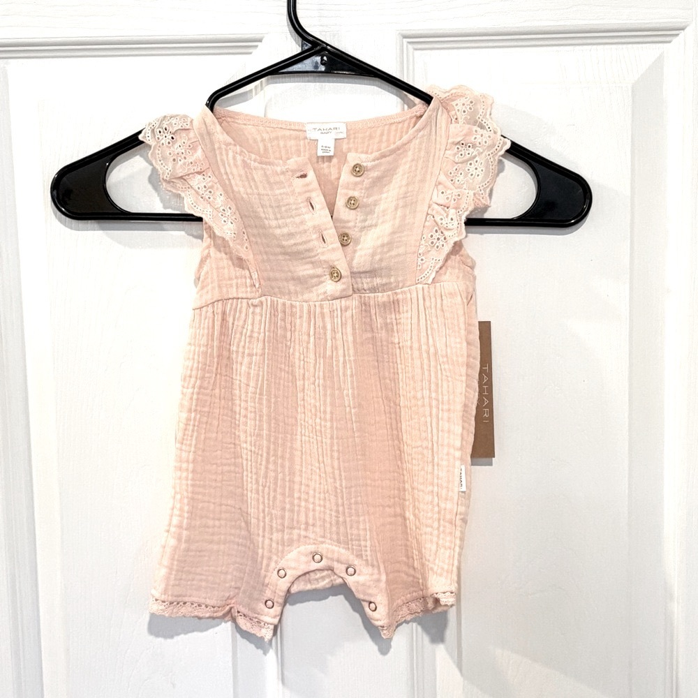 Tahari Baby Girls Pink Ruffle Sleeve Cotton Romper